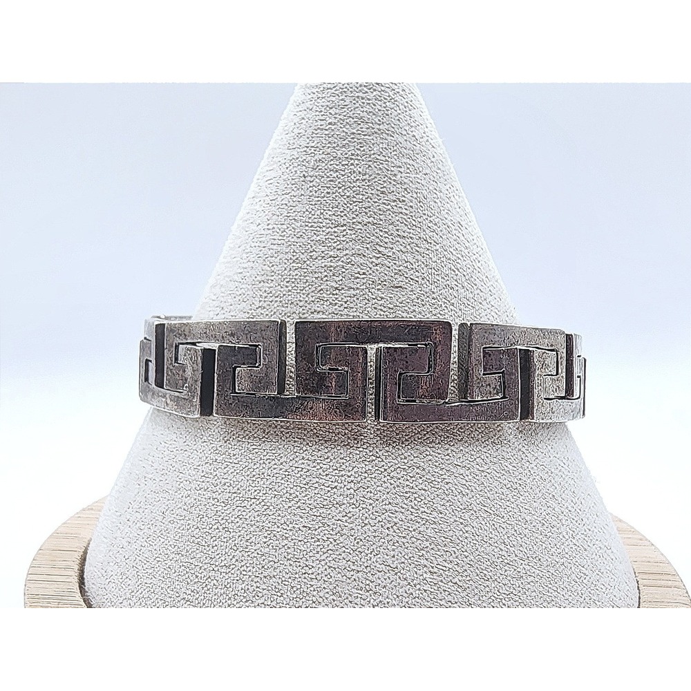 Taxco Mexico Sterling Silver Greek Key Heavy Link Bracelet 7.5" Silver Modernist